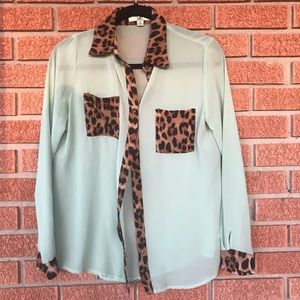 Sheer leopard and mint button up small
